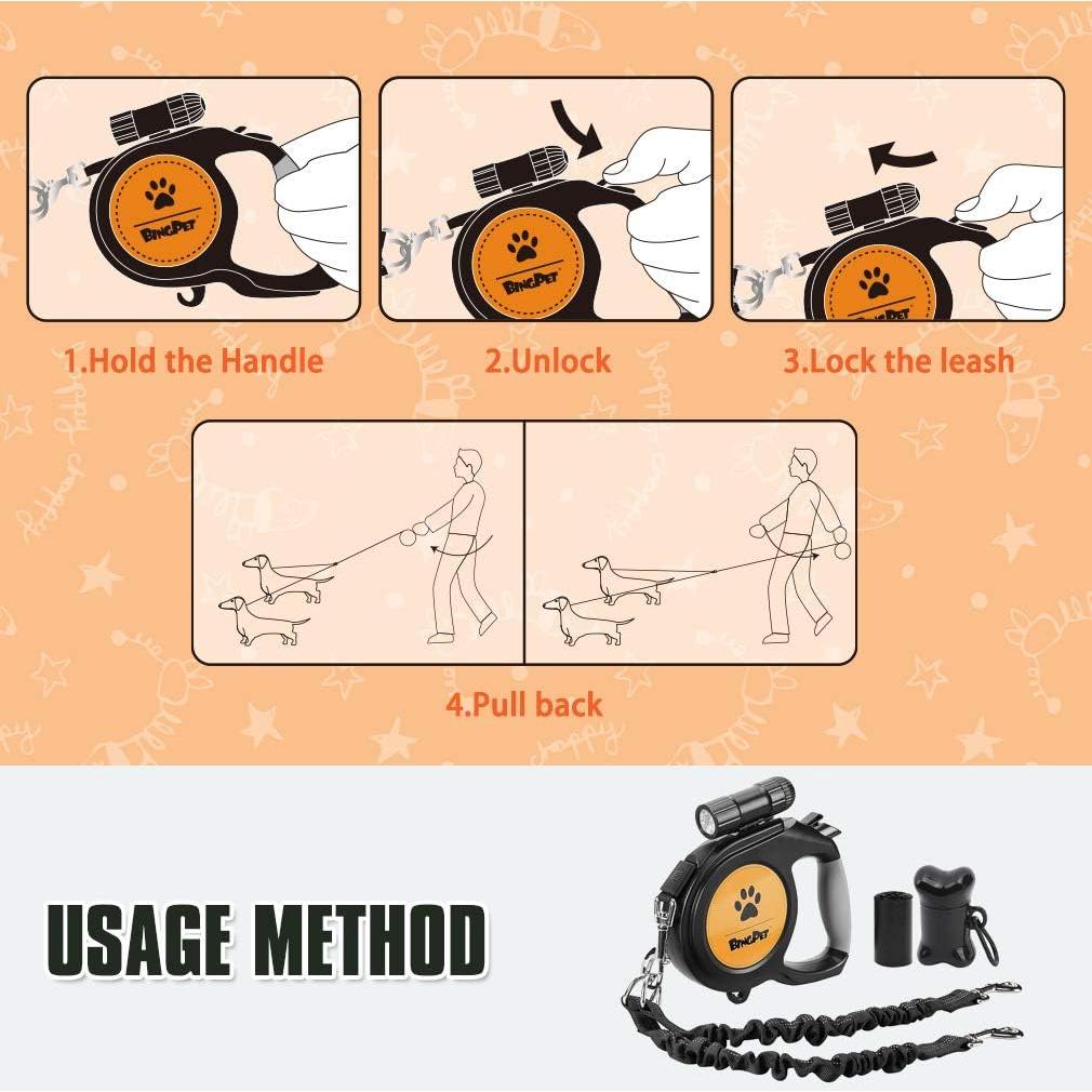 Correa Doble Retráctil para Perros BINGPET 8m con Linterna LED