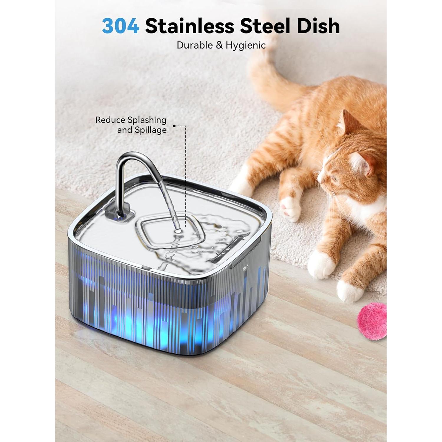 Fuente de Agua para Gatos DCIOGAT 2.2L Acero Inoxidable LED Silenciosa