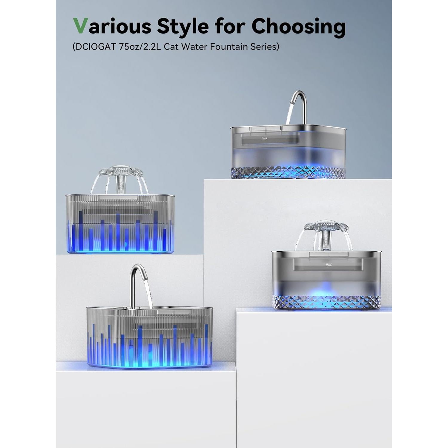 Fuente de Agua para Gatos DCIOGAT 2.2L Acero Inoxidable LED Silenciosa