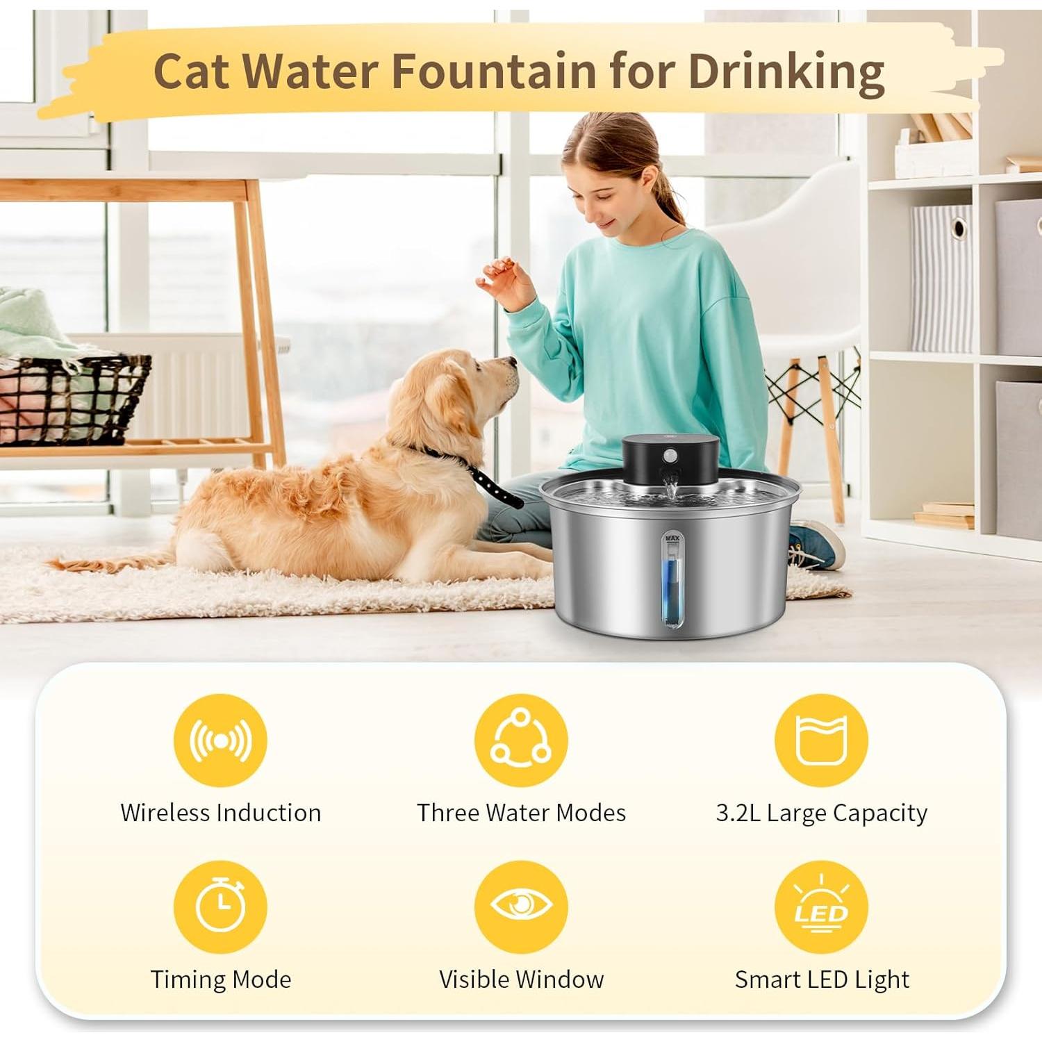 Fuente de Agua Inalámbrica VINGVO 3.2L Acero Inoxidable para Gatos y Perros