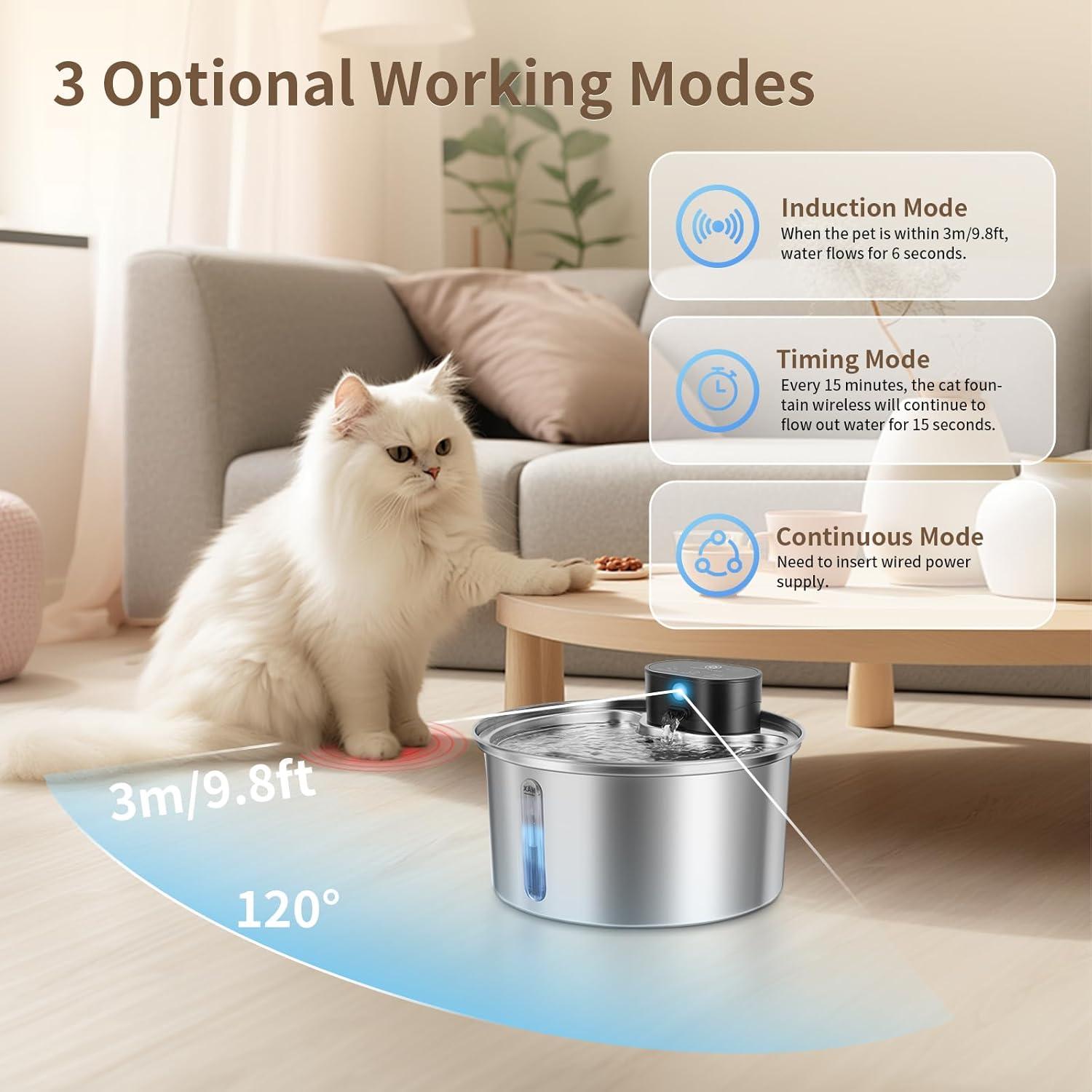 Fuente de Agua Inalámbrica VINGVO 3.2L Acero Inoxidable para Gatos y Perros