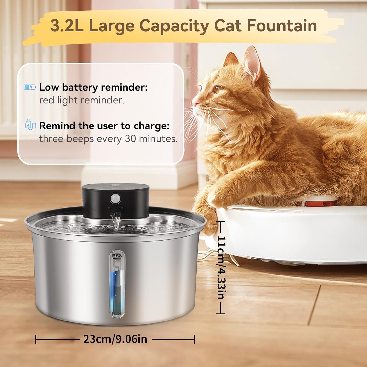 Fuente de Agua Inalámbrica VINGVO 3.2L Acero Inoxidable para Gatos y Perros