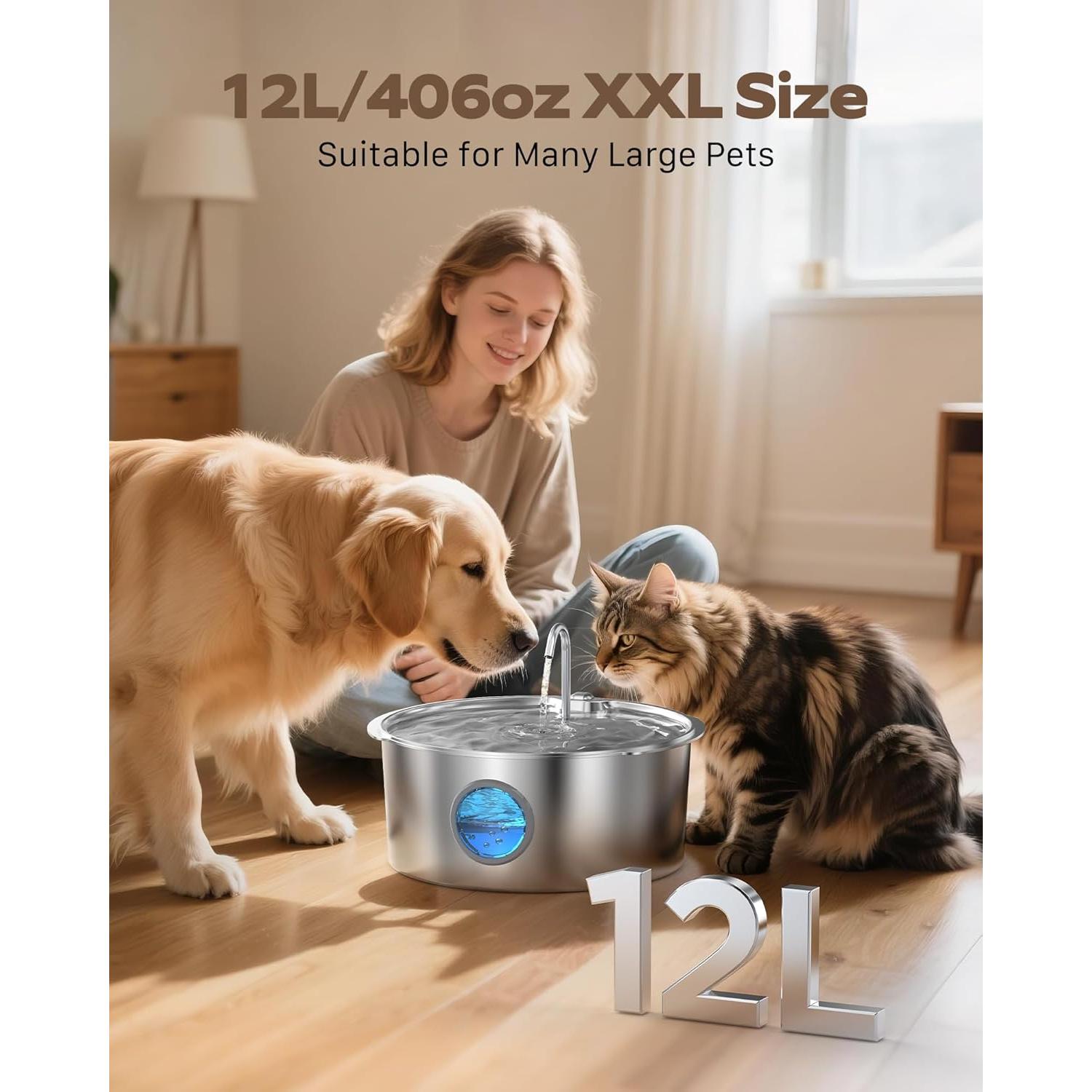 Fuente de Agua para Perros Grandes GROOKPET 12L Acero Inoxidable