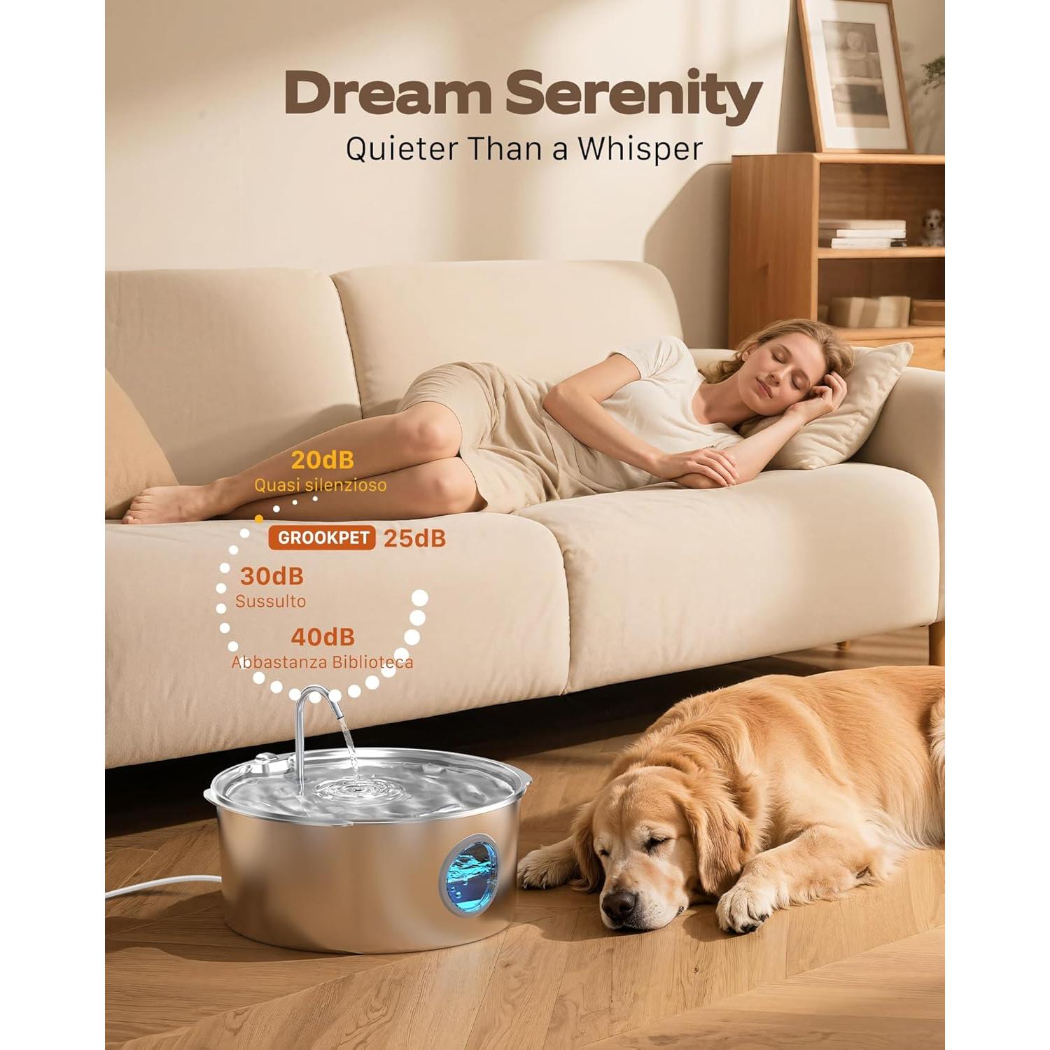 Fuente de Agua para Perros Grandes GROOKPET 12L Acero Inoxidable