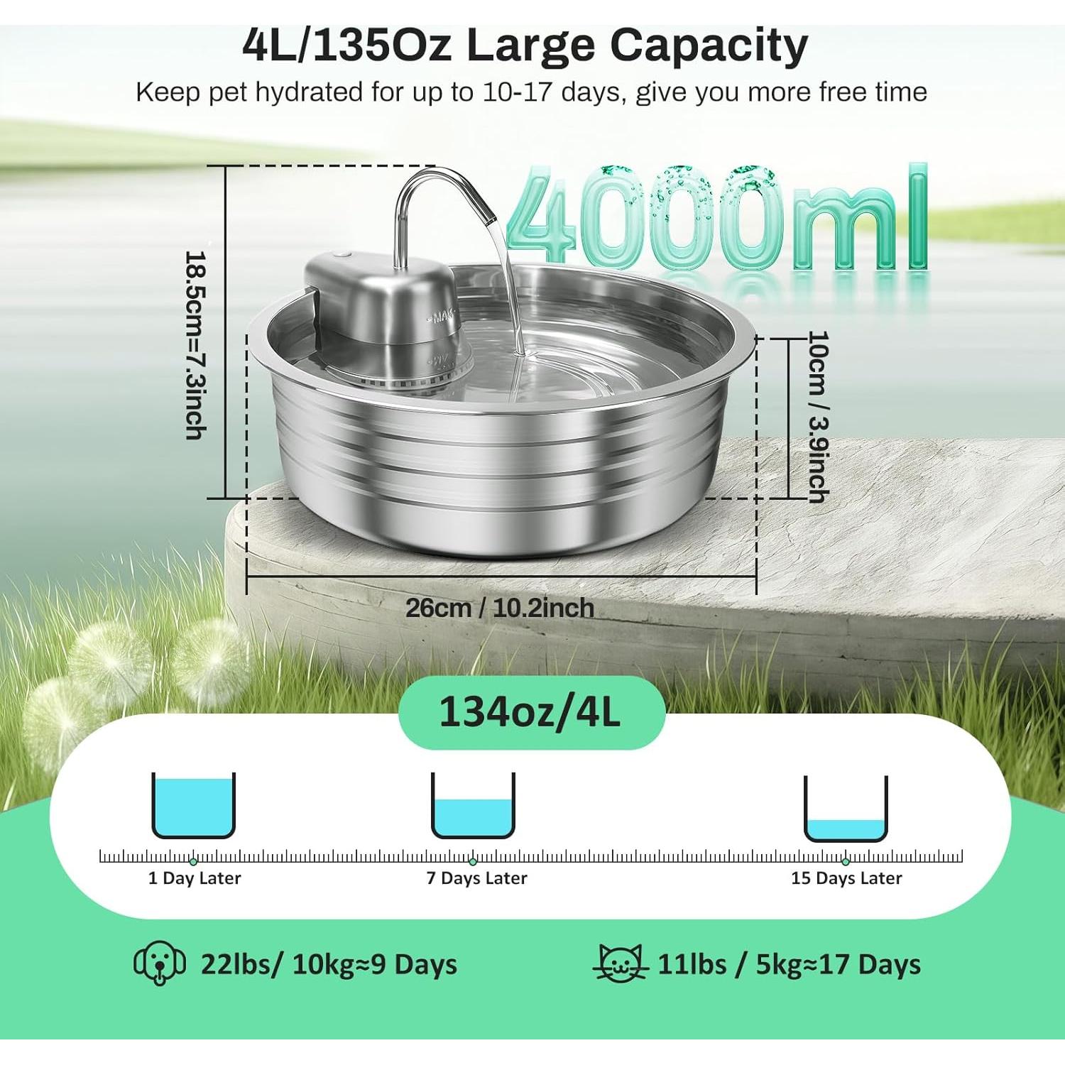 Fuente de Agua para Gatos EZMioo 4L Acero Inoxidable Silenciosa