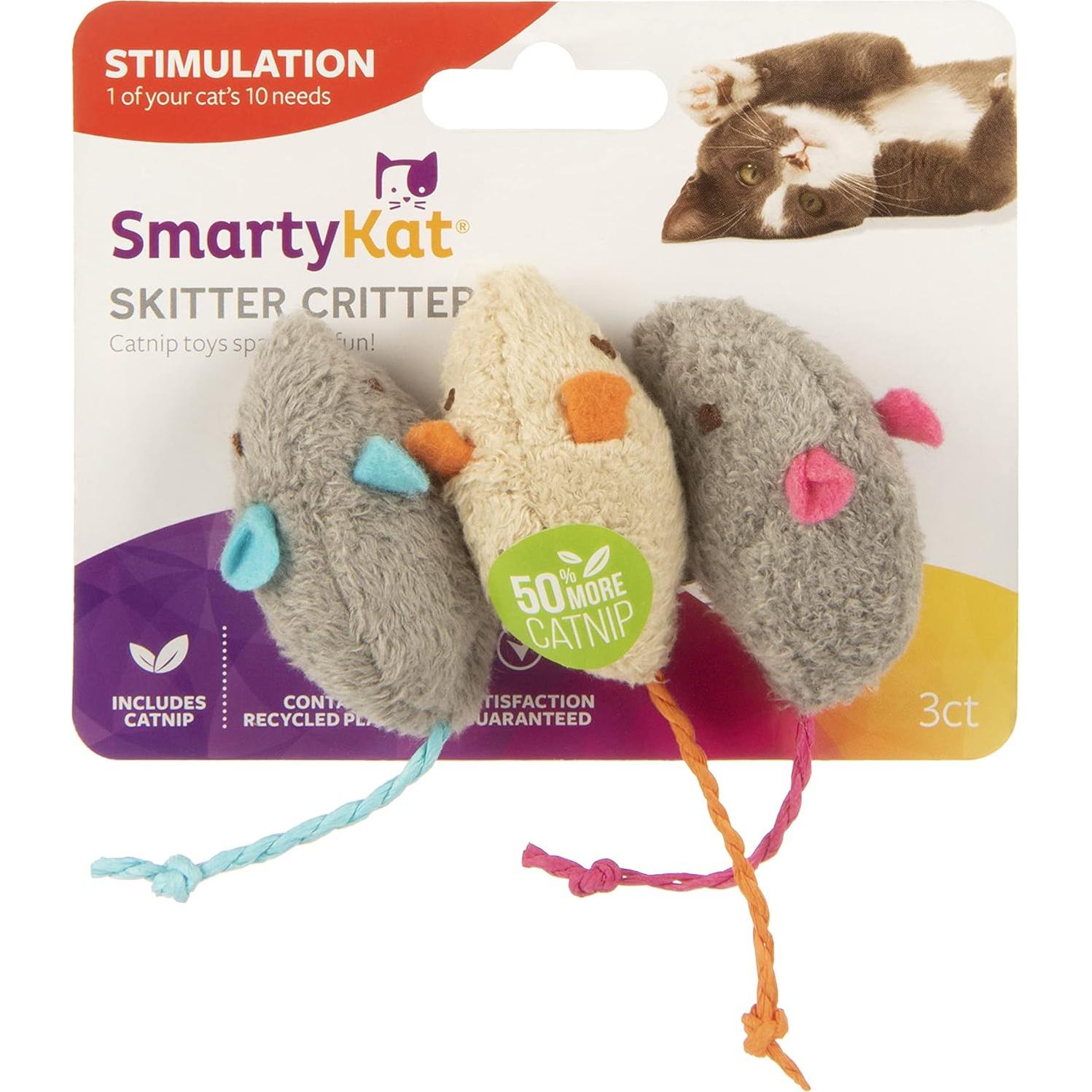 SmartyKat (3 Count) Skitter Critters Catnip Cat Toys - Gray/Cream, 3 Count