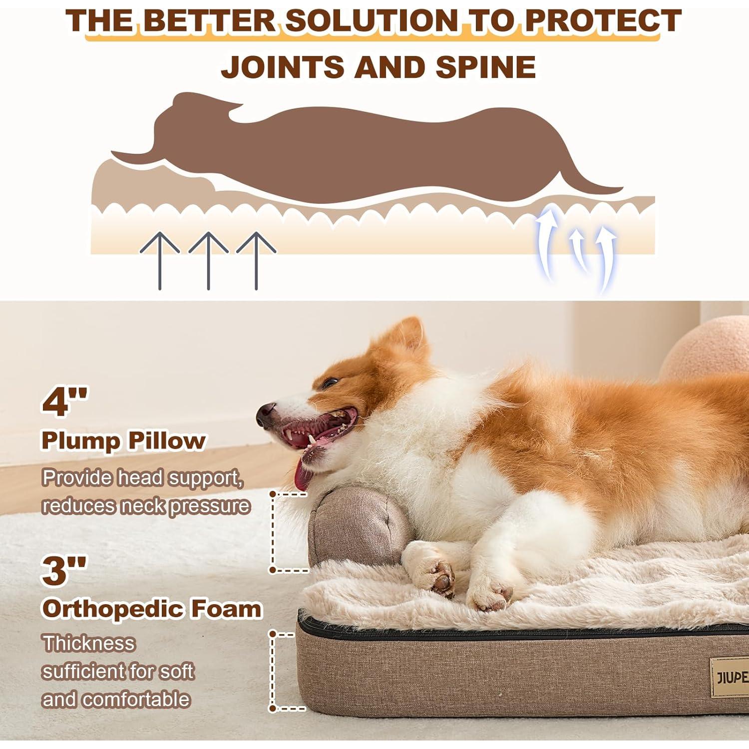 Jiupety Orthopedic Dog Bed for Large Dogs, Egg-Crate Foam Pet Couch Bed, Washable Pet Sofa with Removable Cover, Waterproof Lining and Anti-Slip Bottom, Brown, 35"x25"x7"