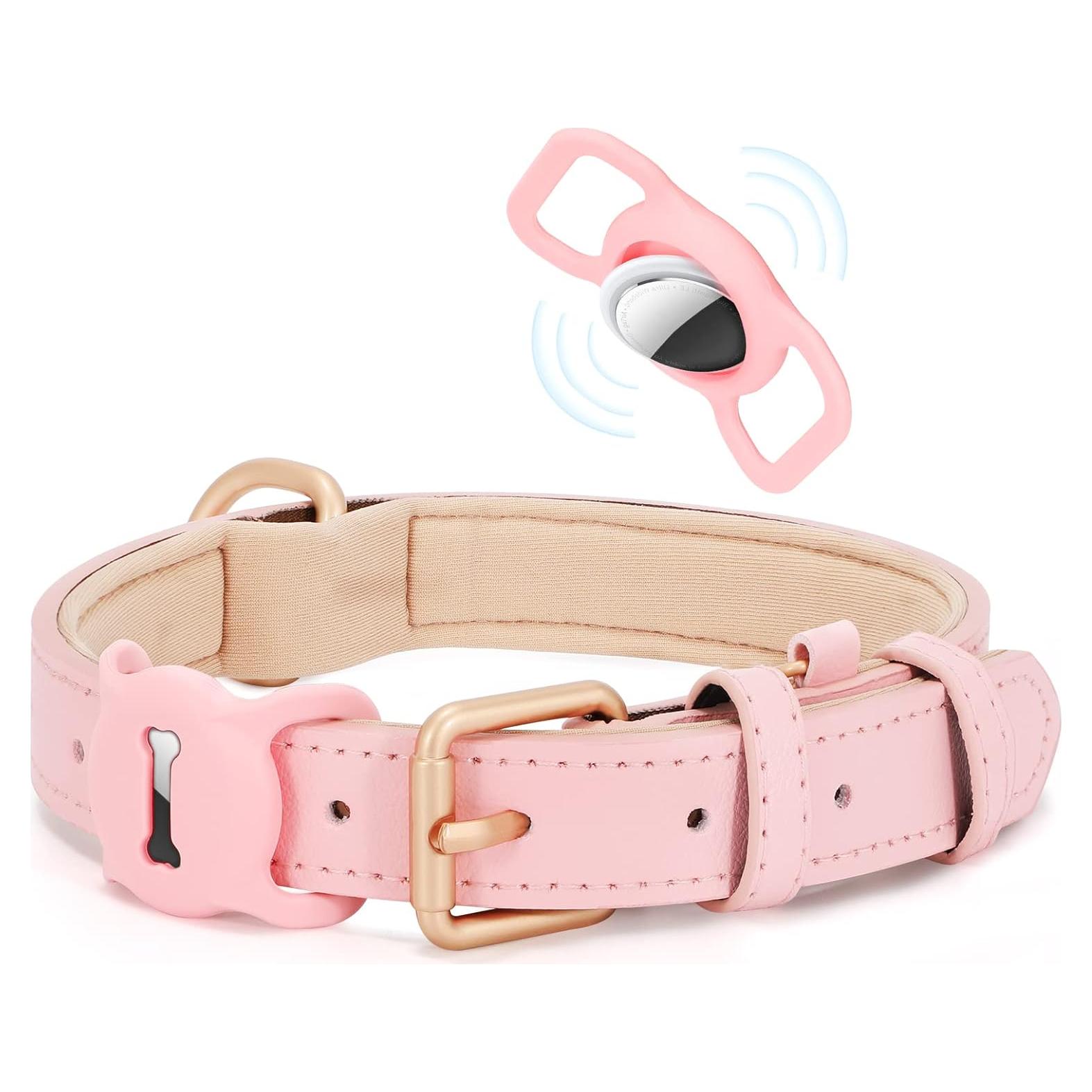 Collar de Perro de Cuero WHIPPY con Funda para AirTag Rosa L