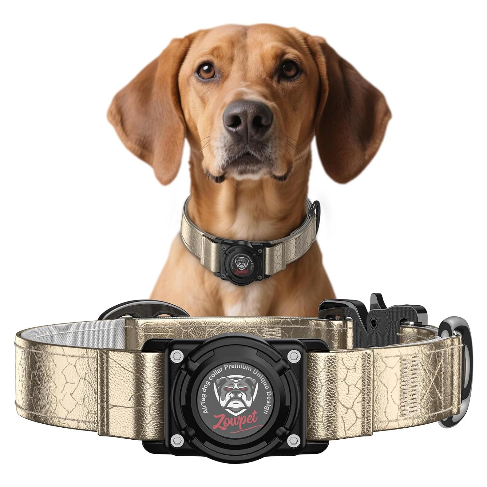 Collar de Cuero para Perro Zowpet con Soporte AirTag M Oro Champán