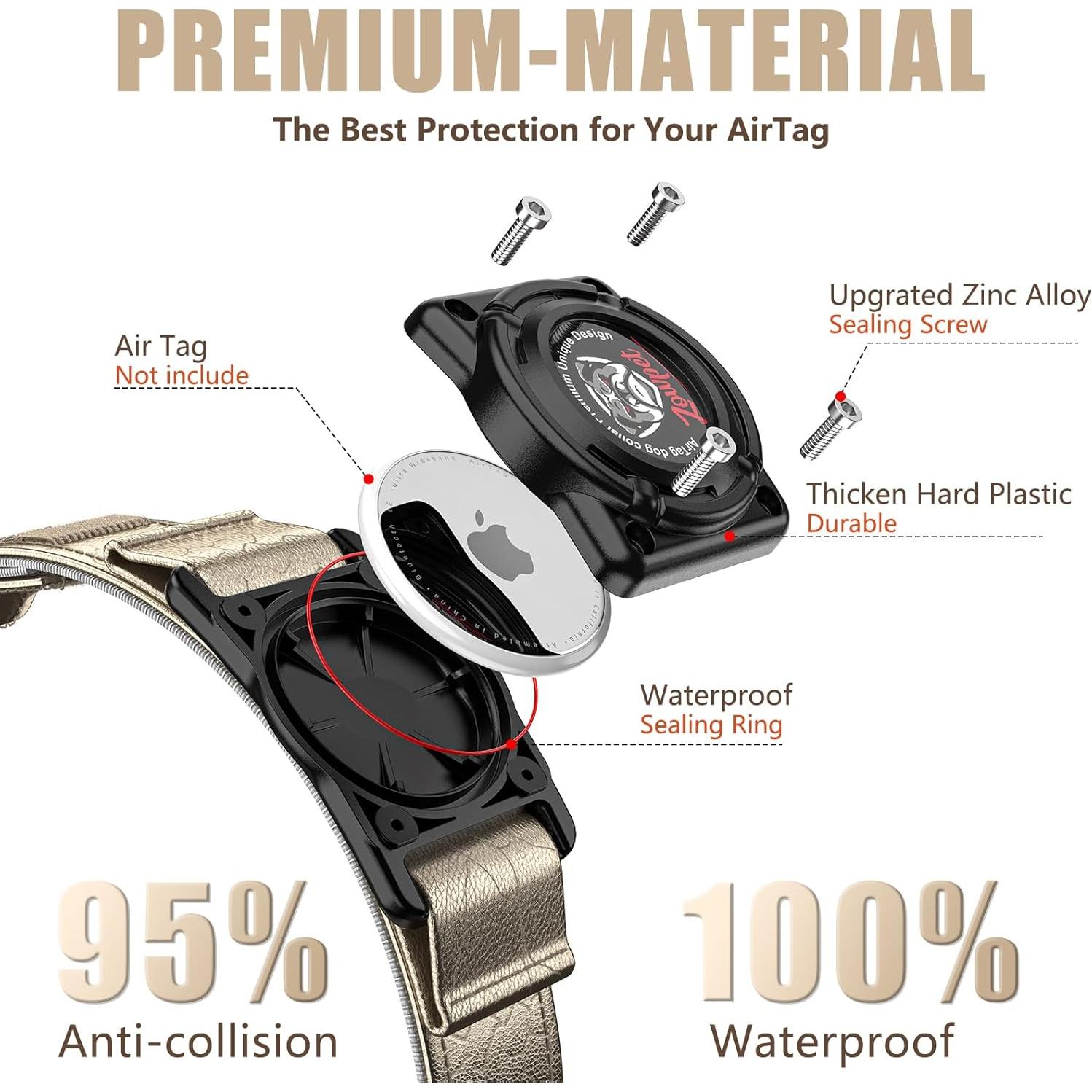 Collar de Cuero para Perro Zowpet con Soporte AirTag M Oro Champán