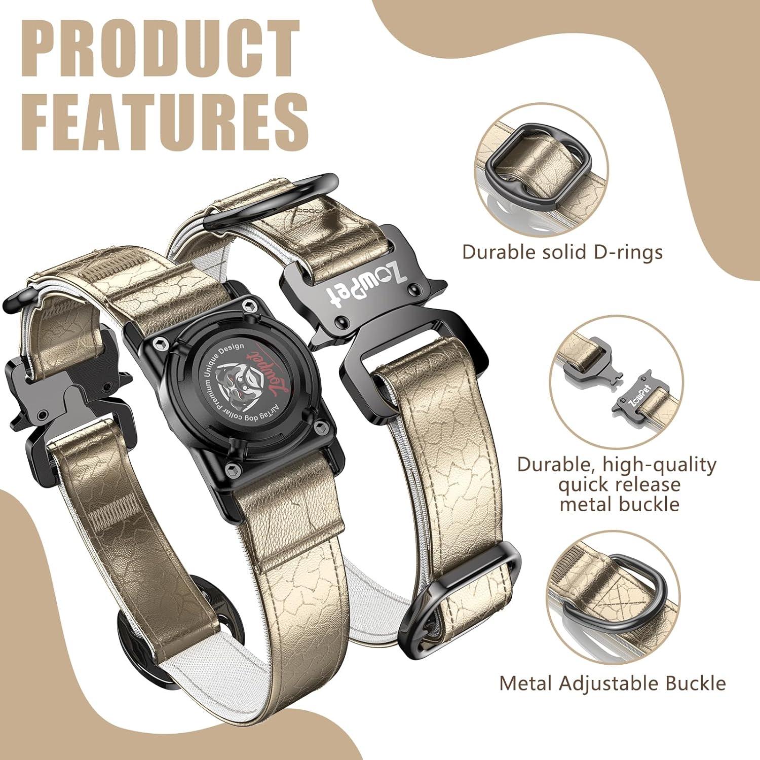 Collar de Cuero para Perro Zowpet con Soporte AirTag M Oro Champán