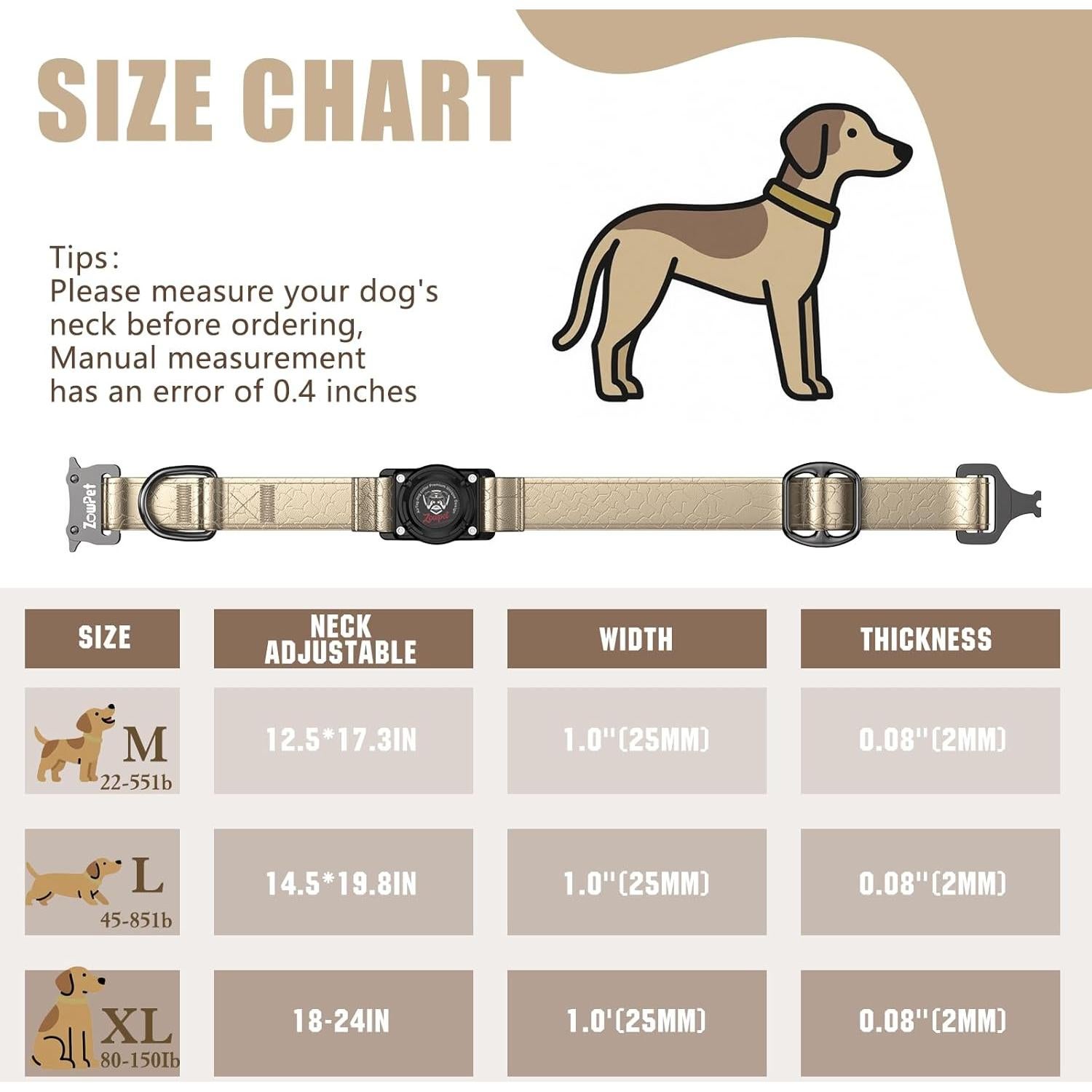 Collar de Cuero para Perro Zowpet con Soporte AirTag M Oro Champán