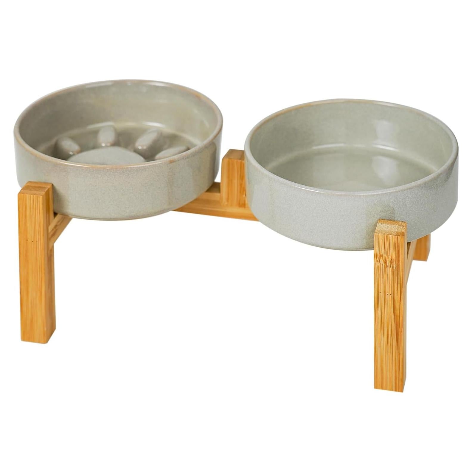 Elevated Slow Feeder Ceramic Dog Bowls Set for Meduim Size, Raised 2.7" Height, Cute Paw Slow Feeding Food Bowl and Water Bowl with Stand for Medium Breed, Size 6.3" Dx2 H, Non Slip, Grey
