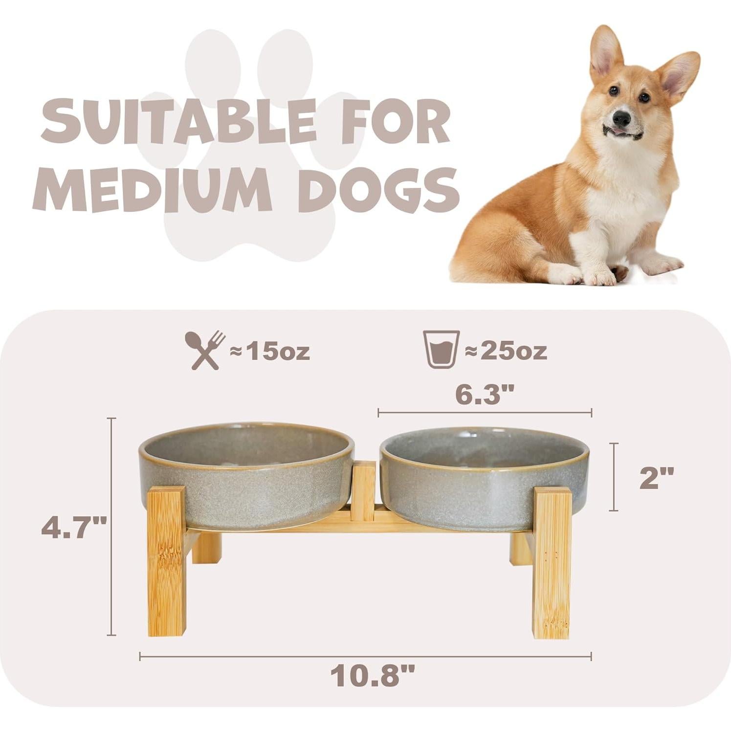 Elevated Slow Feeder Ceramic Dog Bowls Set for Meduim Size, Raised 2.7" Height, Cute Paw Slow Feeding Food Bowl and Water Bowl with Stand for Medium Breed, Size 6.3" Dx2 H, Non Slip, Grey