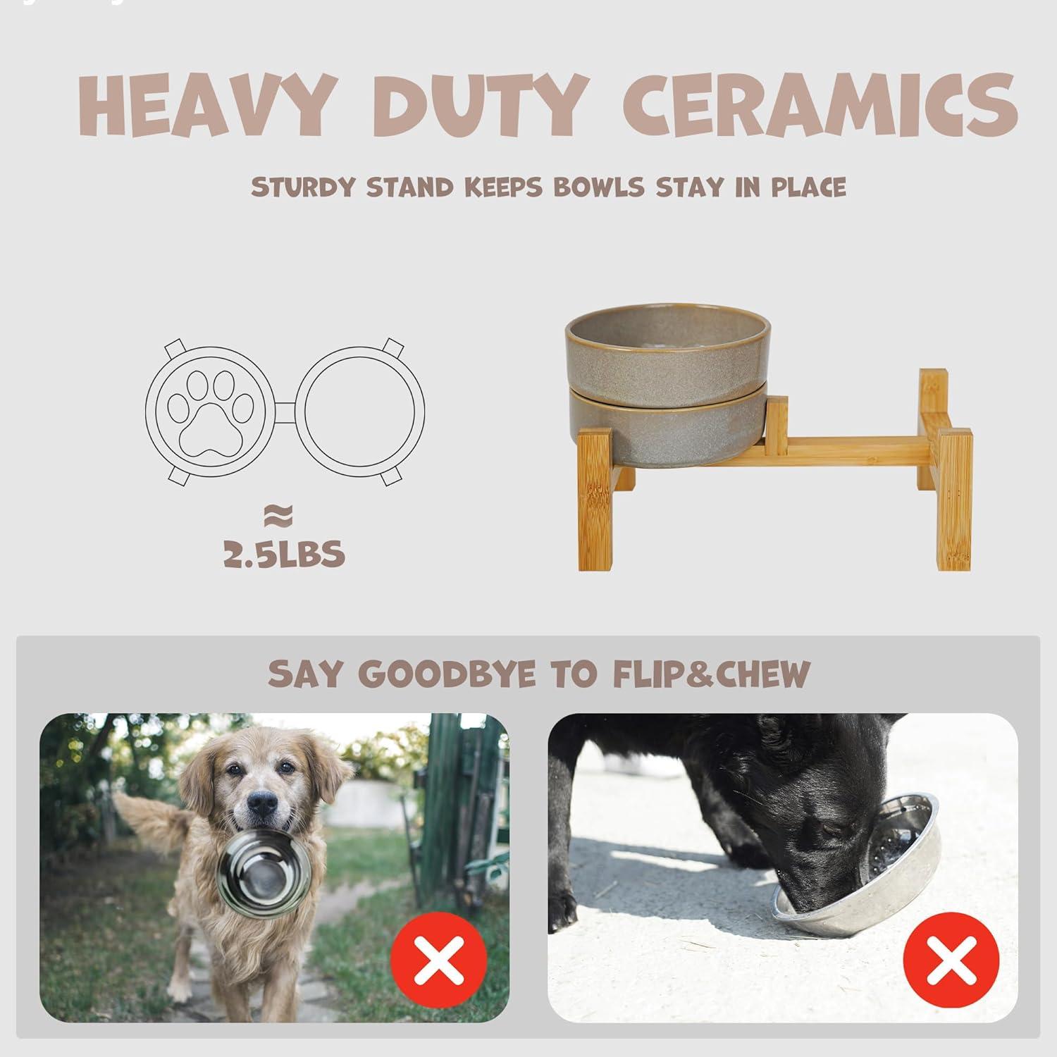 Elevated Slow Feeder Ceramic Dog Bowls Set for Meduim Size, Raised 2.7" Height, Cute Paw Slow Feeding Food Bowl and Water Bowl with Stand for Medium Breed, Size 6.3" Dx2 H, Non Slip, Grey