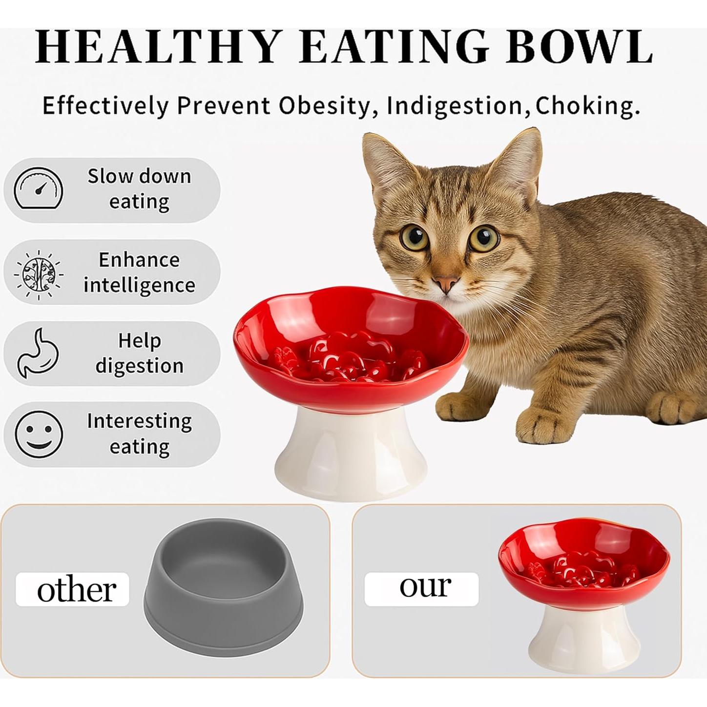 Cuenco de Cerámica Elevado para Gatos y Perros Pequeños - Rojo Rubí