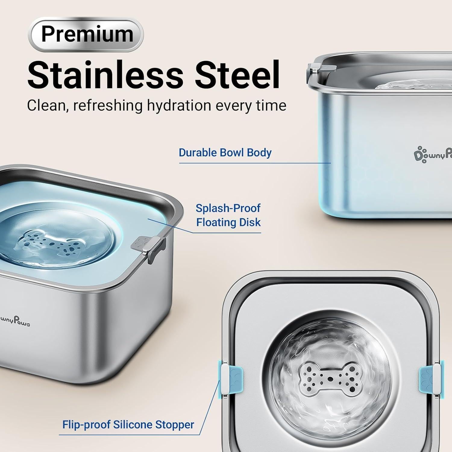 Cuenco de Agua Sin Derrames DownyPaws 3L Acero Inoxidable