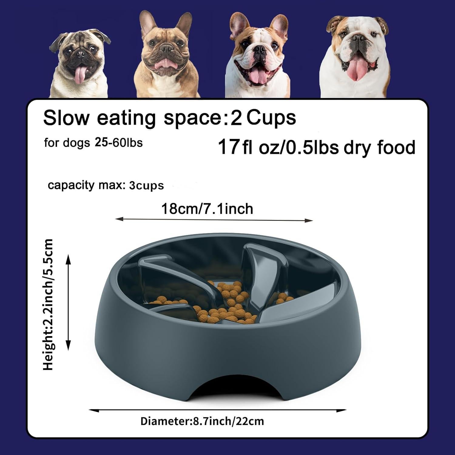 Plato de Comida Lenta para Perros Beluxurfur 2 Tazas Gris Azul