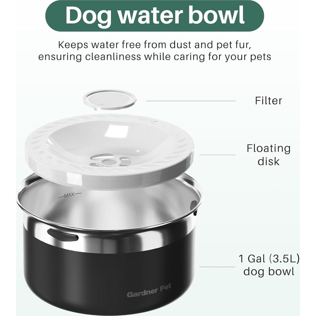 Cuenco de Agua Lento Gardner Pet 3.85L Acero Inoxidable Negro