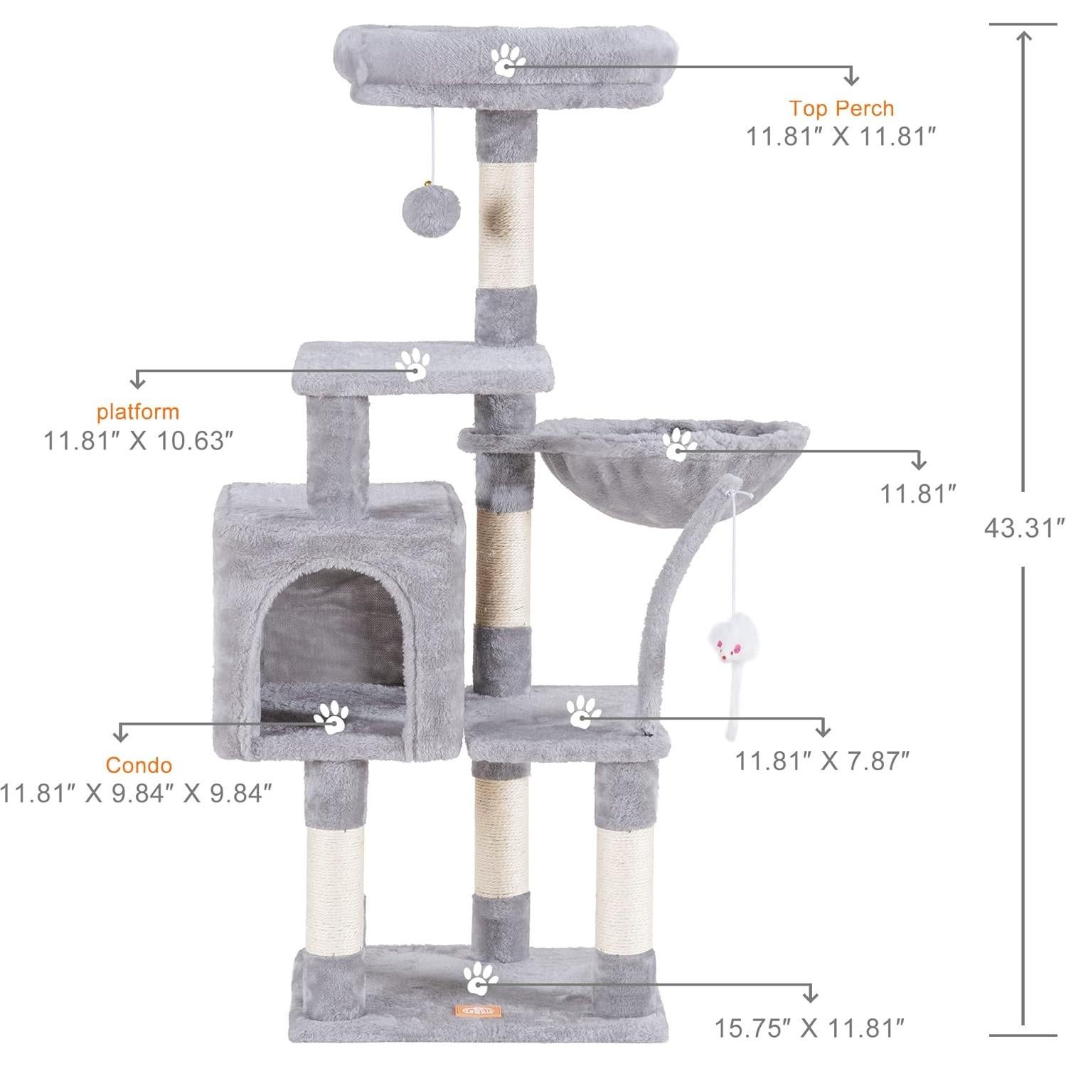 Árbol para Gatos Heybly 110 cm Gris Claro con Juguete y Rascador