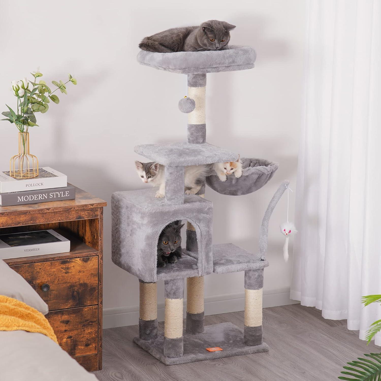 Árbol para Gatos Heybly 110 cm Gris Claro con Juguete y Rascador
