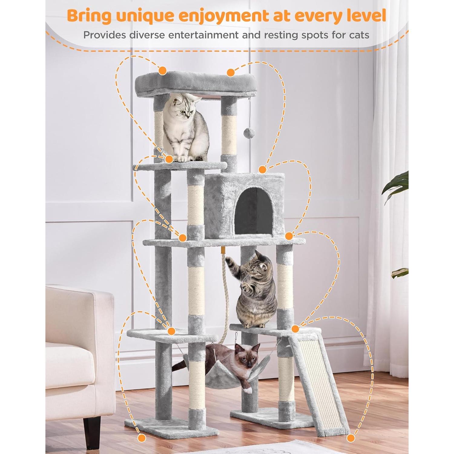 Árbol para Gatos Yaheetech 160 cm Gris Claro con Hamaca