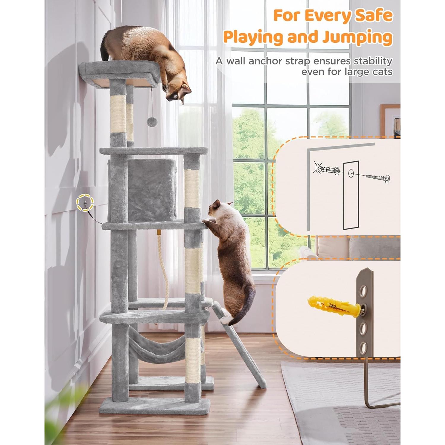 Árbol para Gatos Yaheetech 160 cm Gris Claro con Hamaca