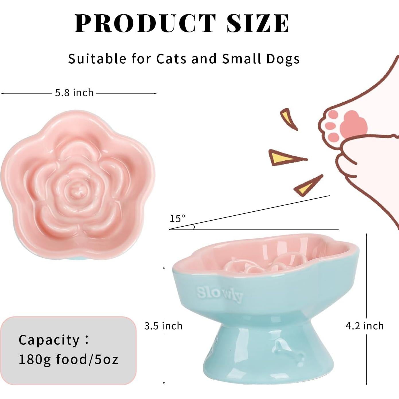 Tazón Elevado para Gatos S&Q de Cerámica Rosa 14.7 cm