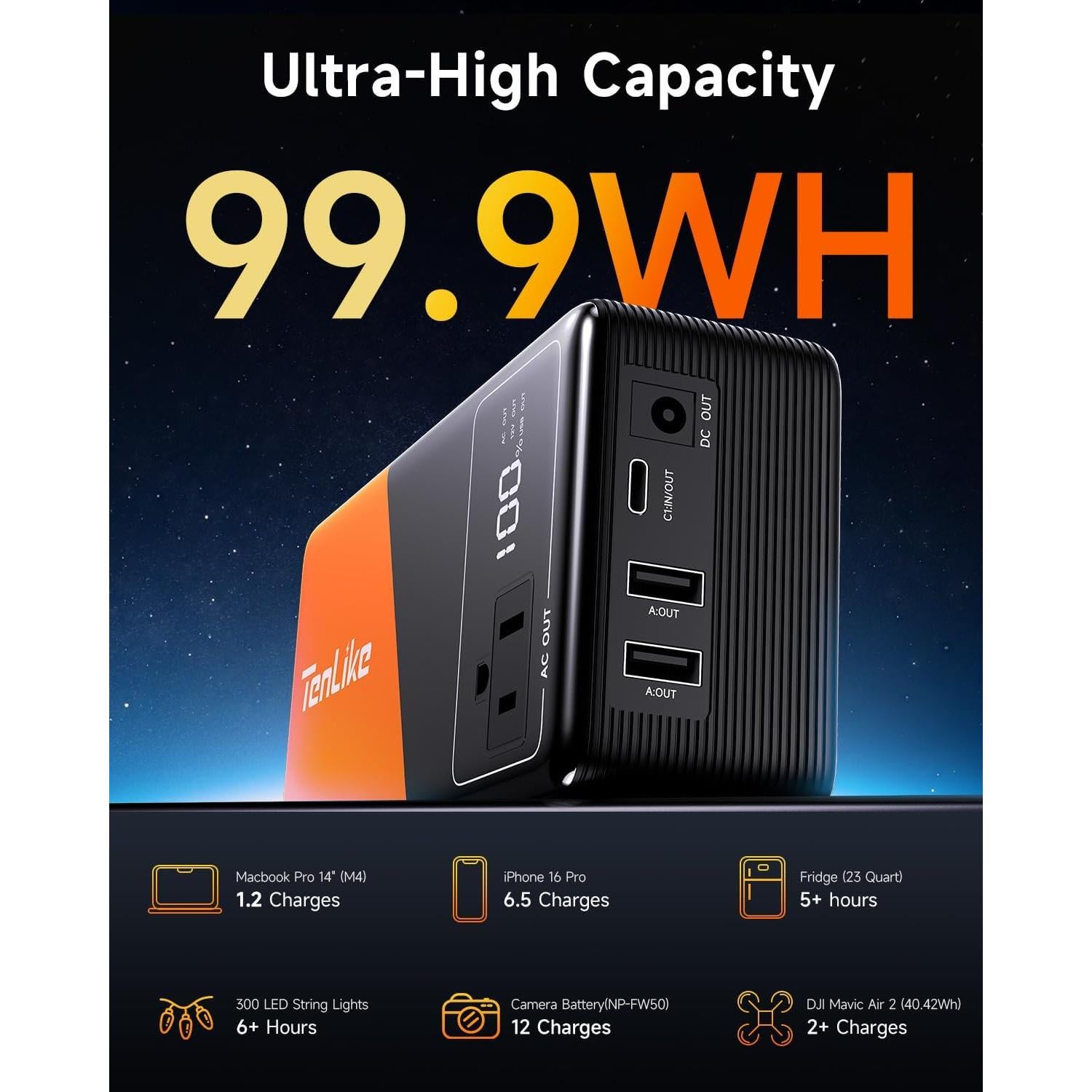 Banco de Energía Portátil Tenlike 99.9Wh 7 Salidas Camping