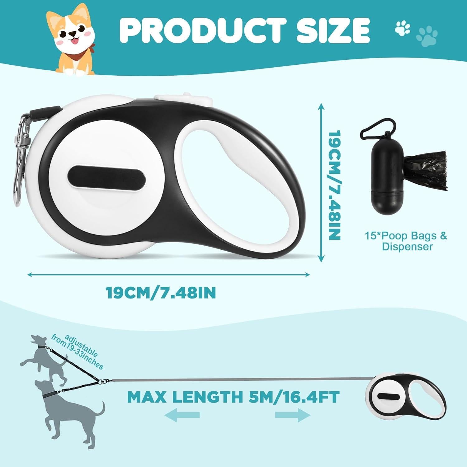 Correa retráctil doble para 2 perros grandes YaLunpc - 4.88m, 65kg, LED