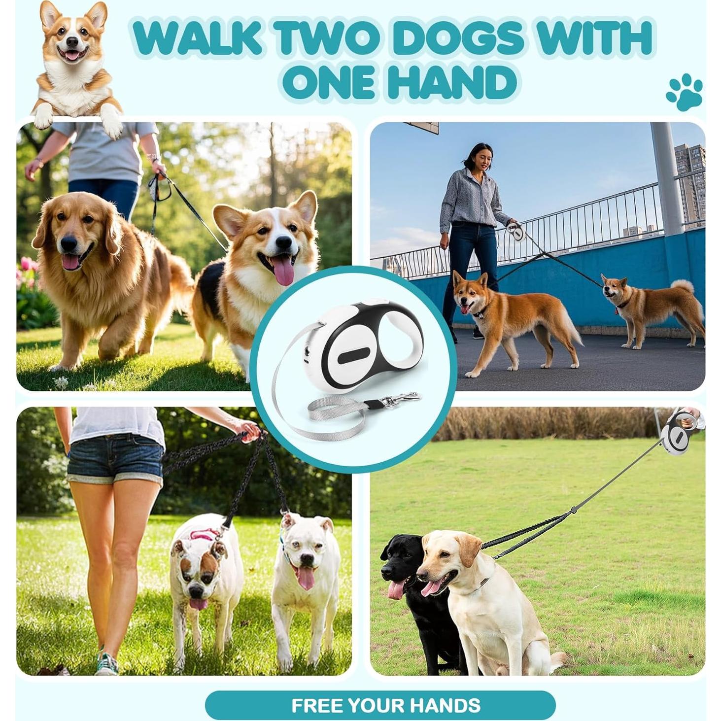 Correa retráctil doble para 2 perros grandes YaLunpc - 4.88m, 65kg, LED