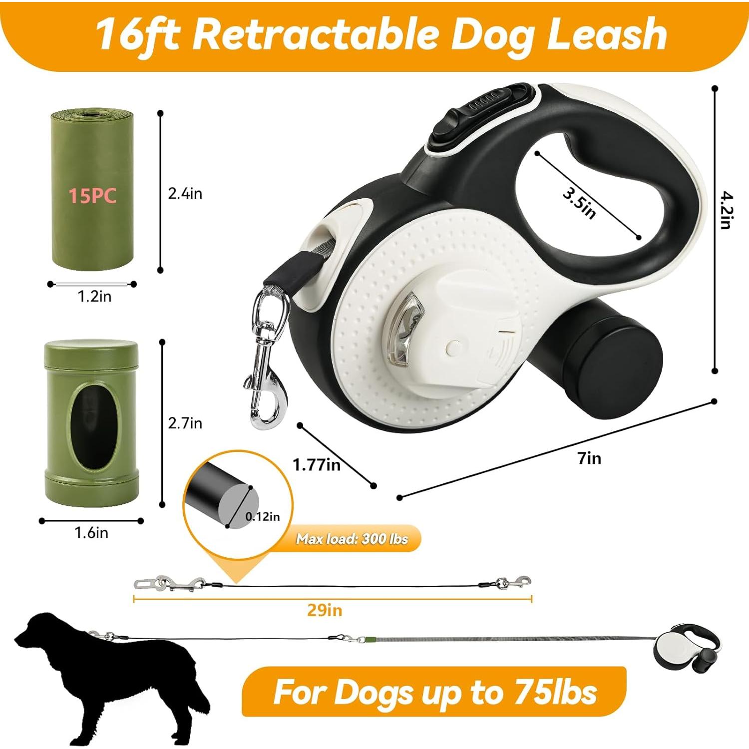 Correa Retráctil ODRIEW 4.88m para Perros hasta 34kg con Luz LED