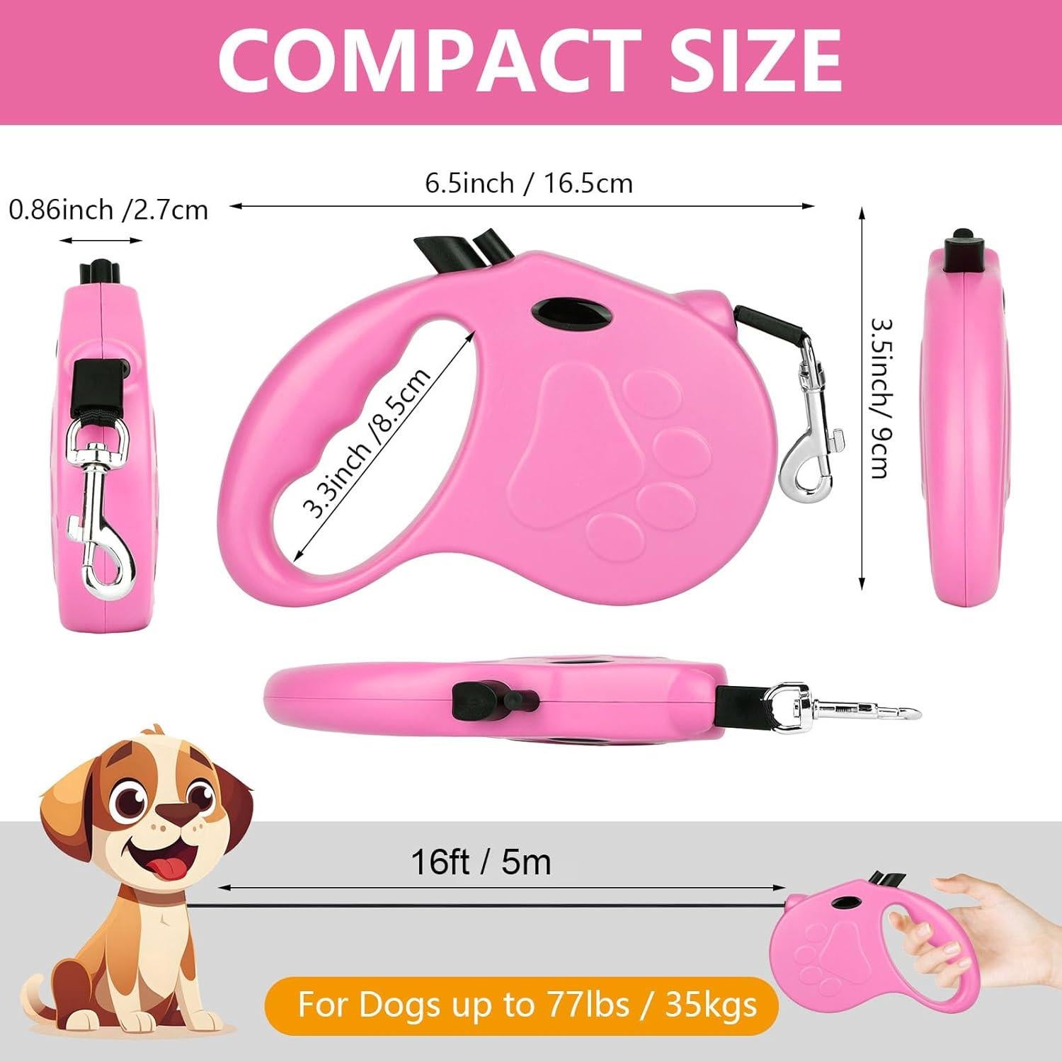 Correa de Perro Retráctil Makife 4.88m para Perros hasta 35kg - Rosa