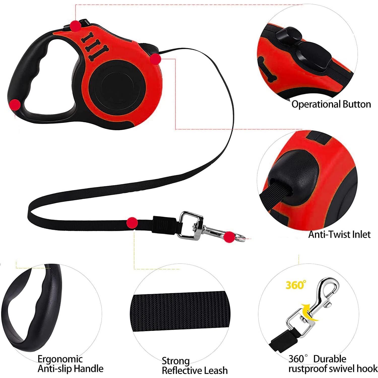 Correa de Perro Retráctil Tailpa 4.88m Nylon Roja hasta 22.68kg