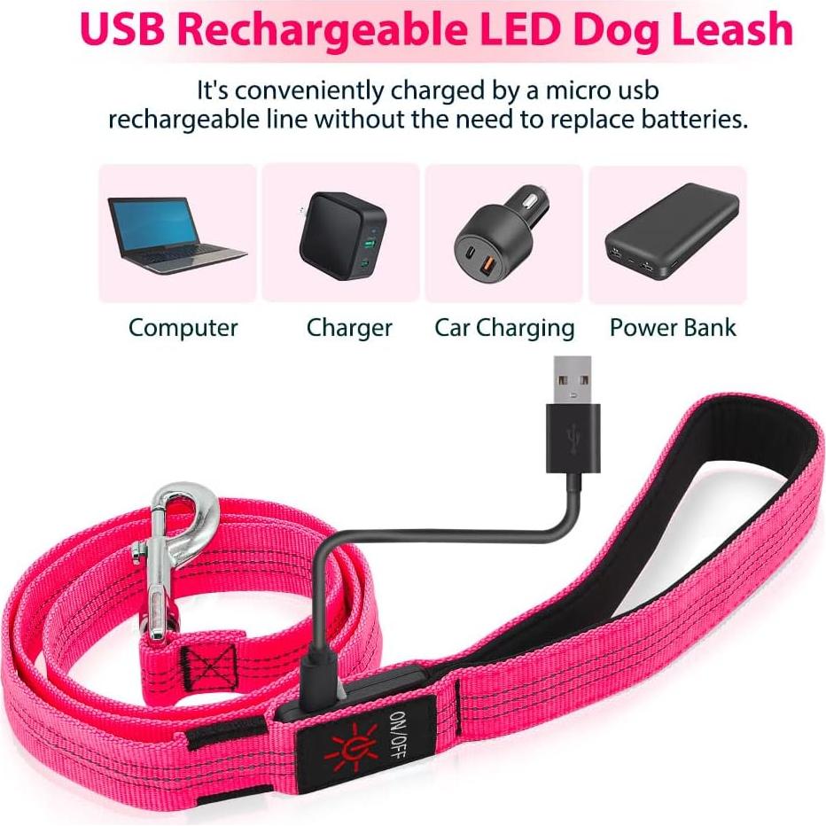 Correa LED para Perros Candofly 1.22m Recargable USB Rosa