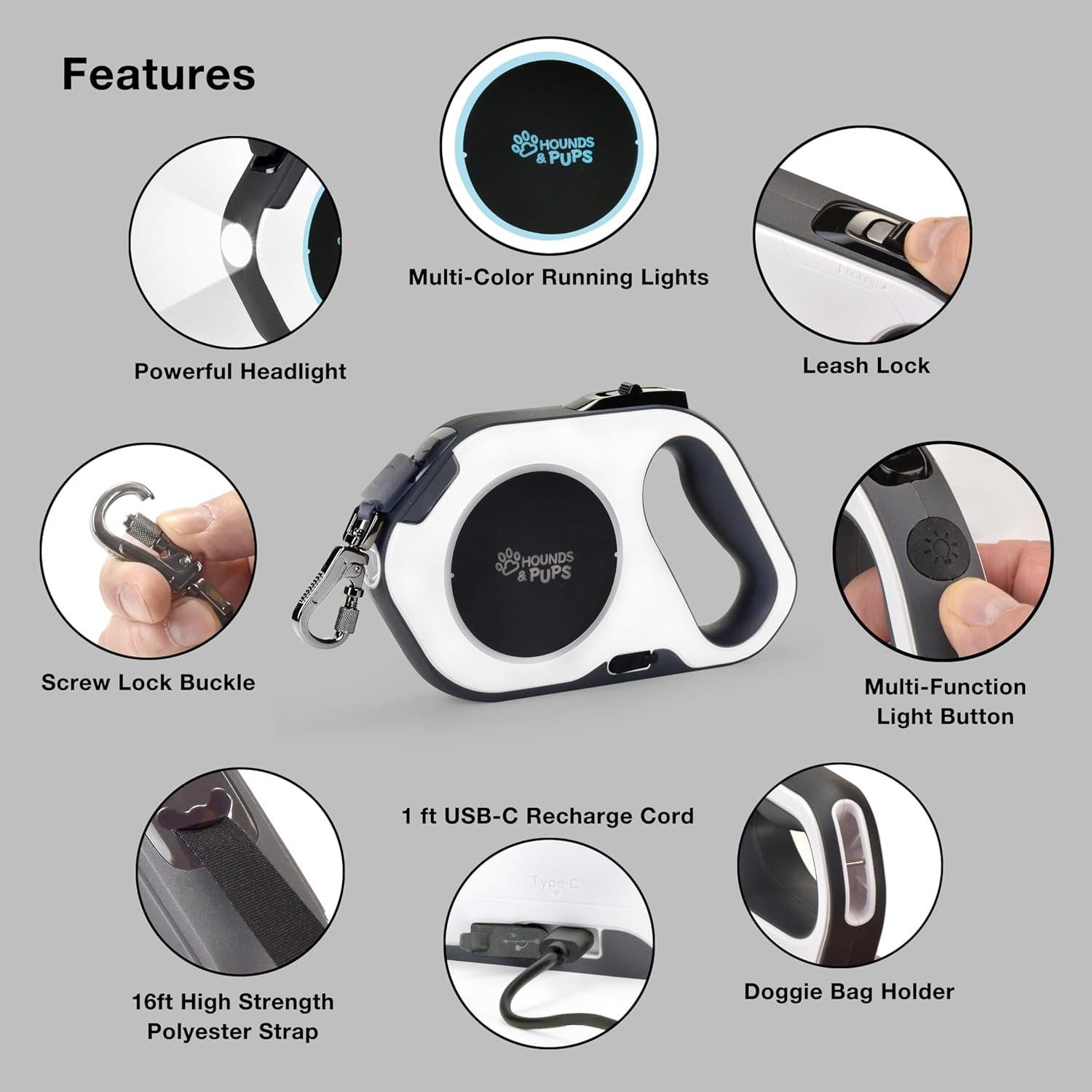 Correa Retráctil para Perros Hounds & Pups 4.57m con Luz LED