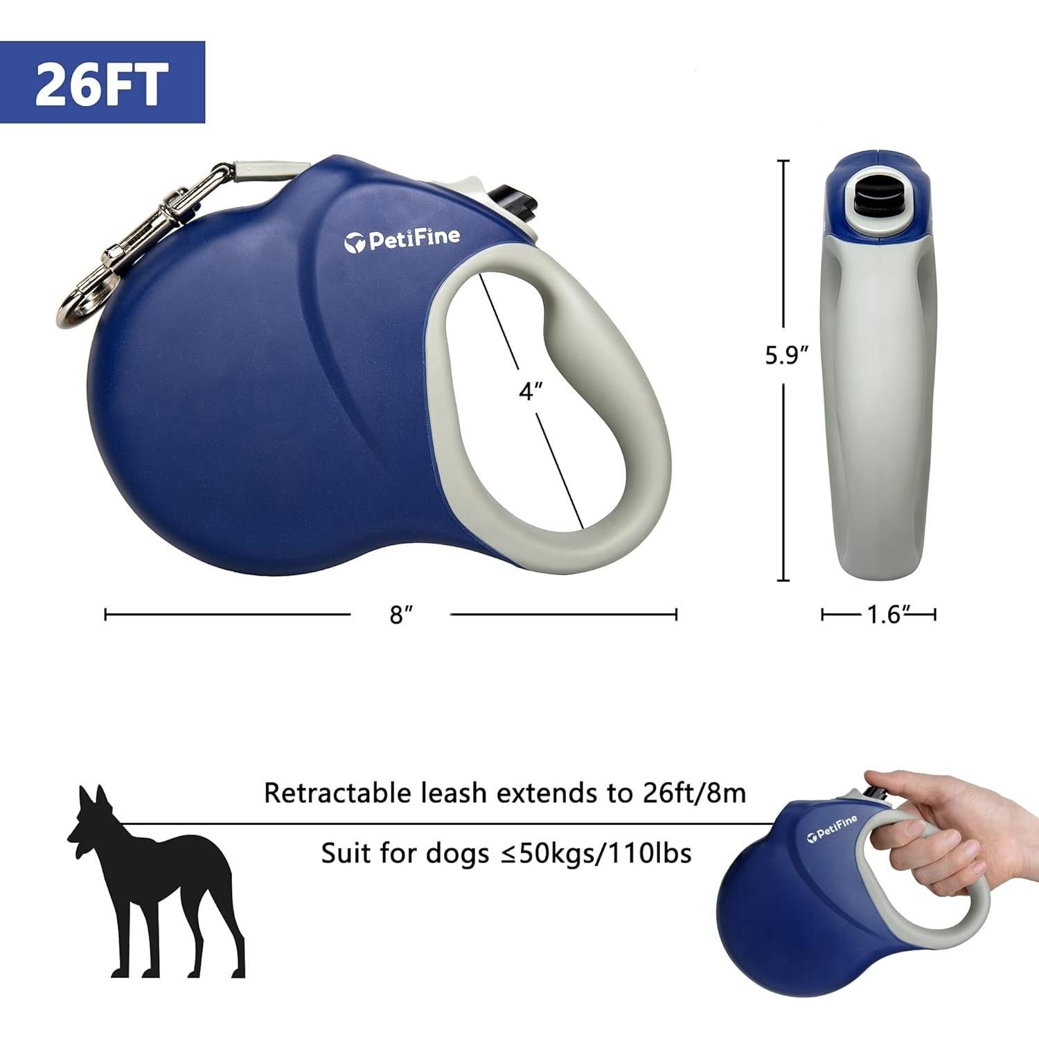 Correa Retráctil para Perros PetiFine 8m Azul 50kg Resistente