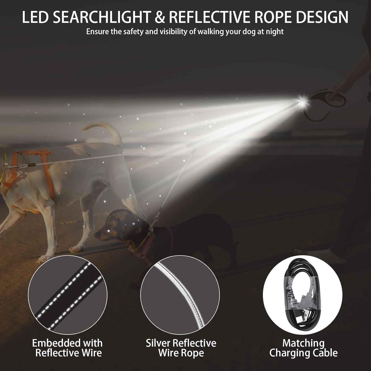 BINGPET Dual Retractable Dog Leash with Light, 360° Tangle-Free Double Dog Leash for Two Dogs with Reflective Wire Ropes, Chew Proof Heavy Duty for Small and Medium Dogs Walking