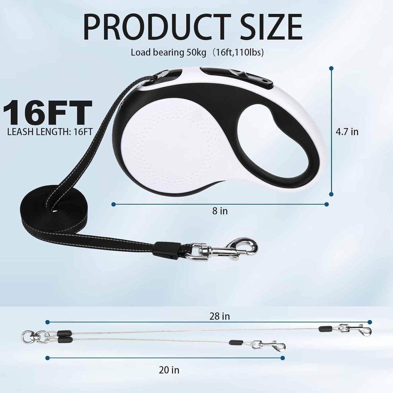 BINGPET Dual Retractable Dog Leash with Light, 360° Tangle-Free Double Dog Leash for Two Dogs with Reflective Wire Ropes, Chew Proof Heavy Duty for Small and Medium Dogs Walking