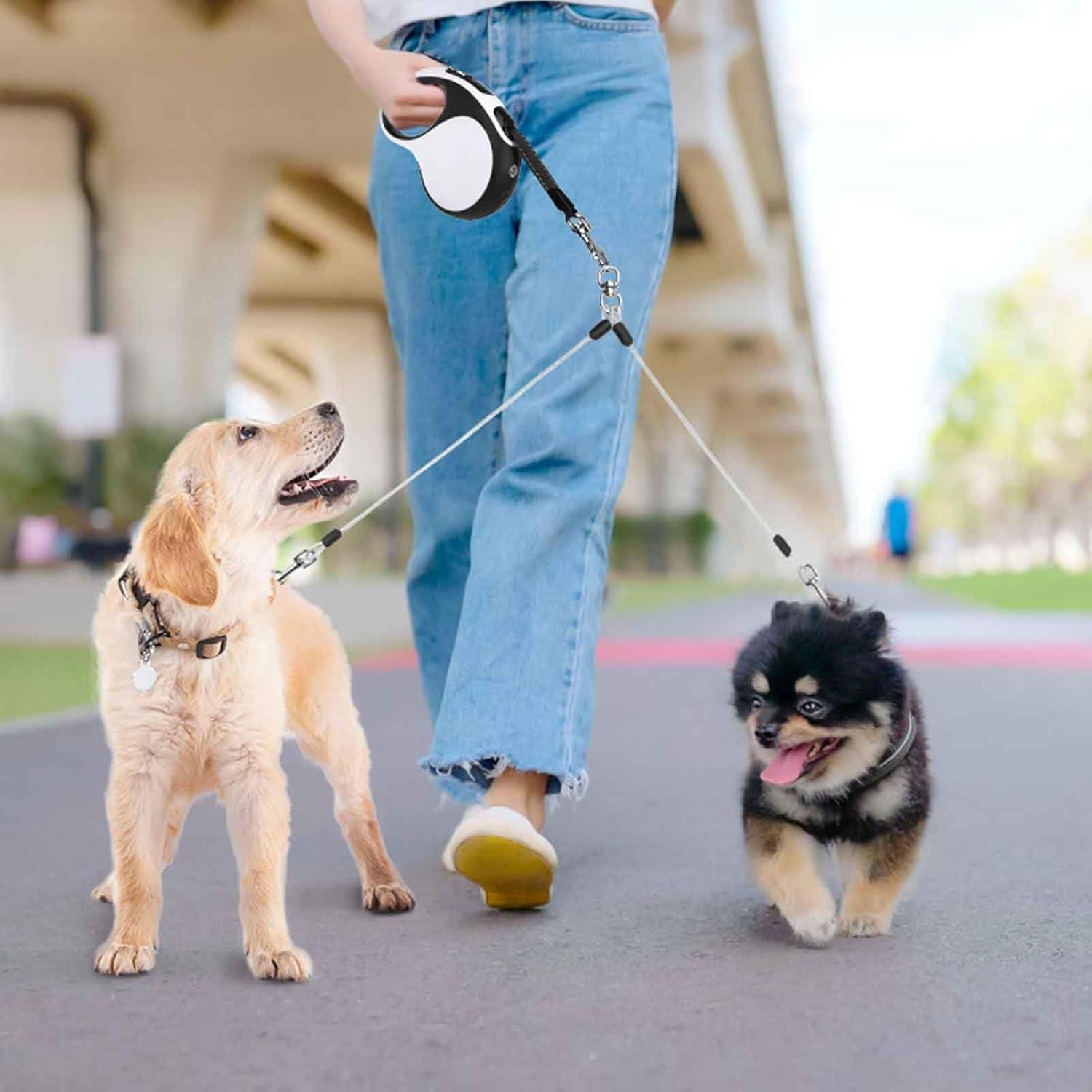 BINGPET Dual Retractable Dog Leash with Light, 360° Tangle-Free Double Dog Leash for Two Dogs with Reflective Wire Ropes, Chew Proof Heavy Duty for Small and Medium Dogs Walking