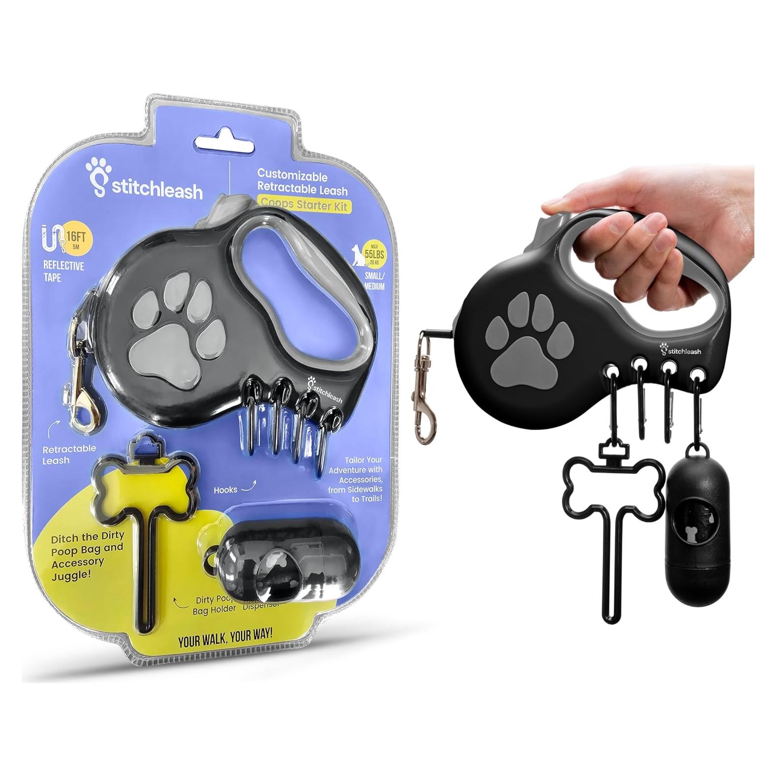 Correa retráctil para perros pequeños y medianos StitchLeash - 4.88m, negro