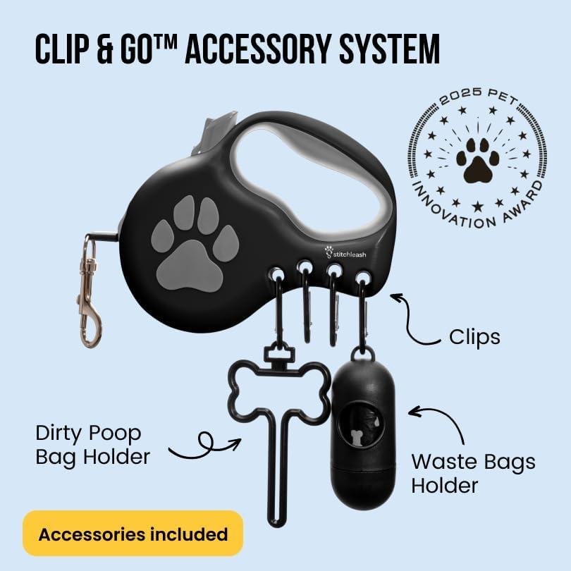 Correa retráctil para perros pequeños y medianos StitchLeash - 4.88m, negro