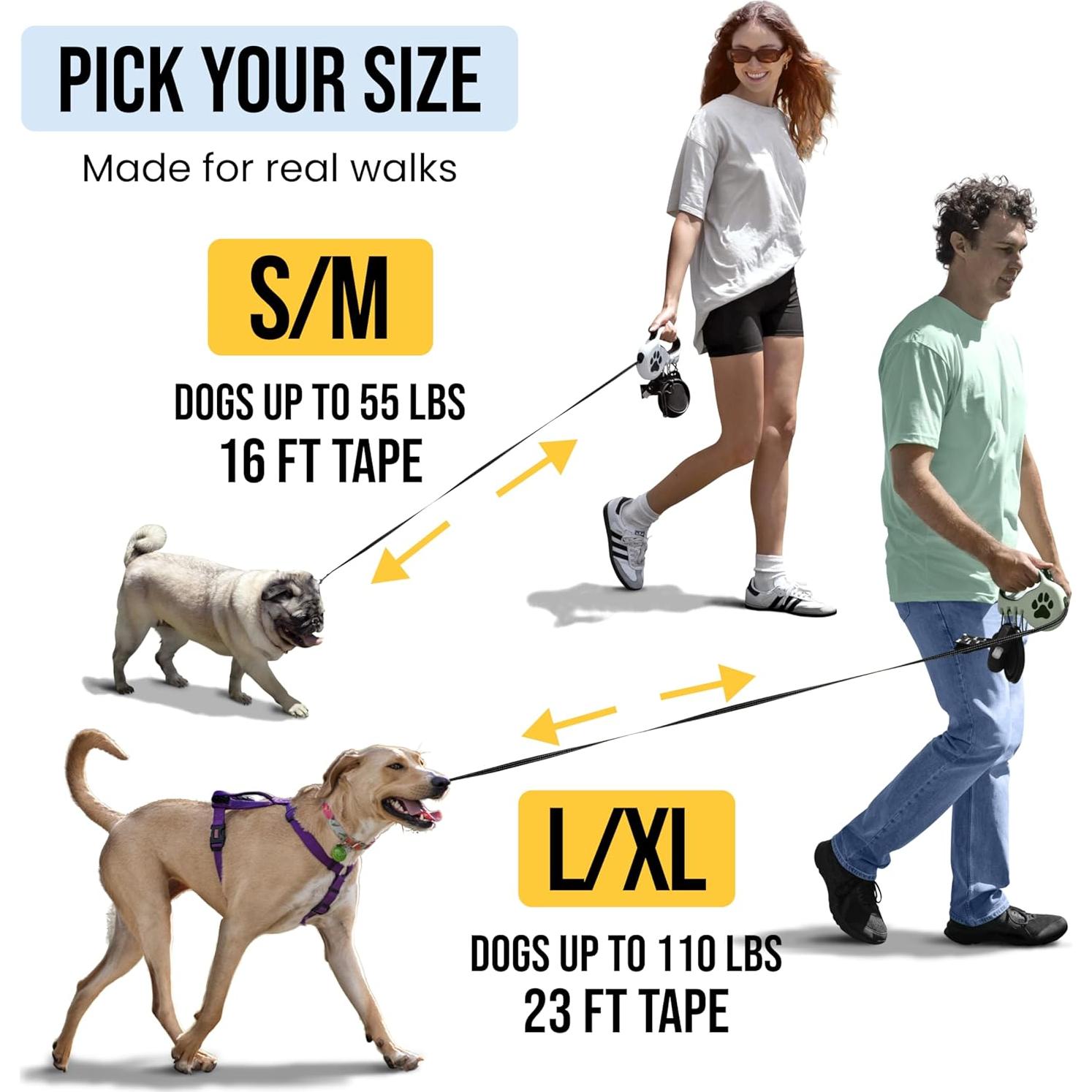 Correa retráctil para perros pequeños y medianos StitchLeash - 4.88m, negro