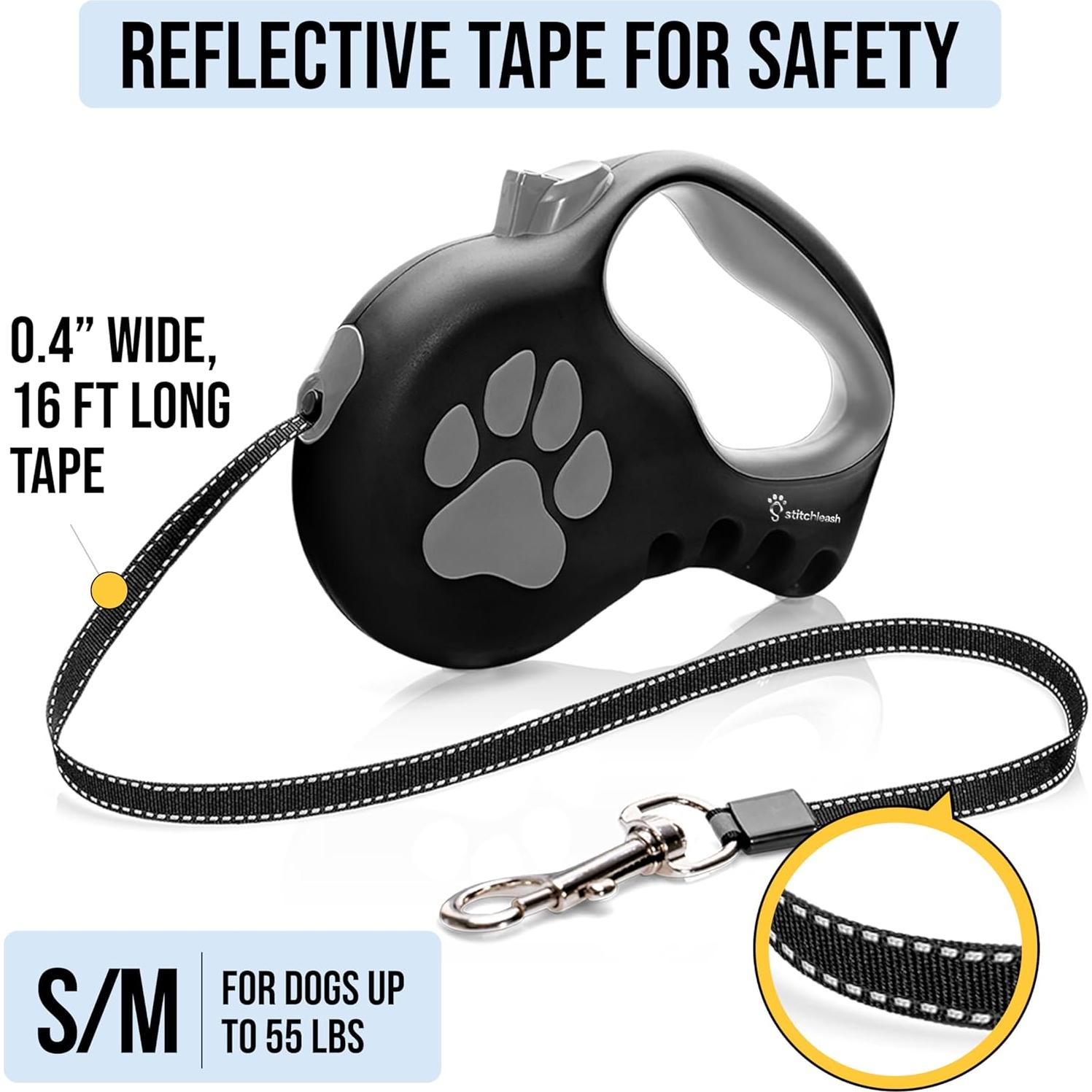 Correa retráctil para perros pequeños y medianos StitchLeash - 4.88m, negro