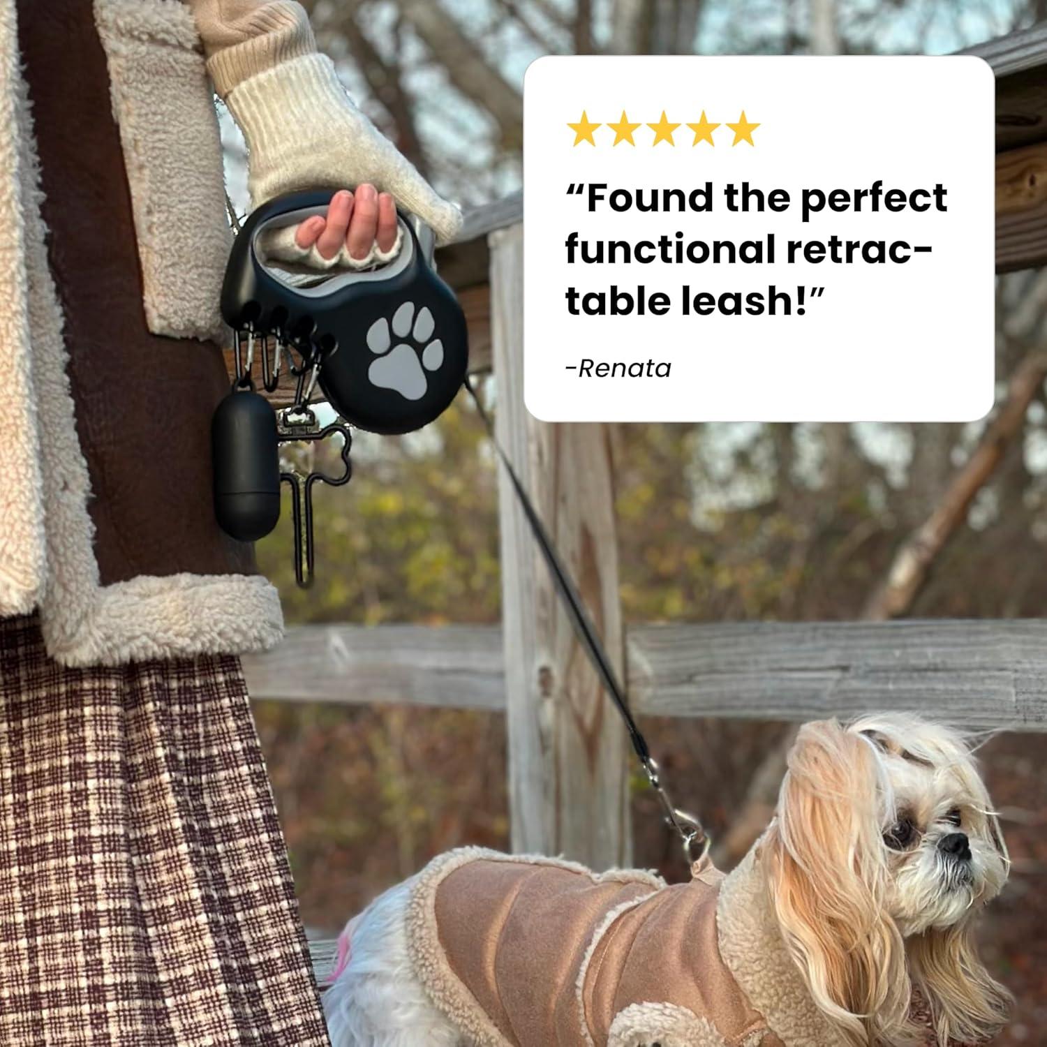 Correa retráctil para perros pequeños y medianos StitchLeash - 4.88m, negro