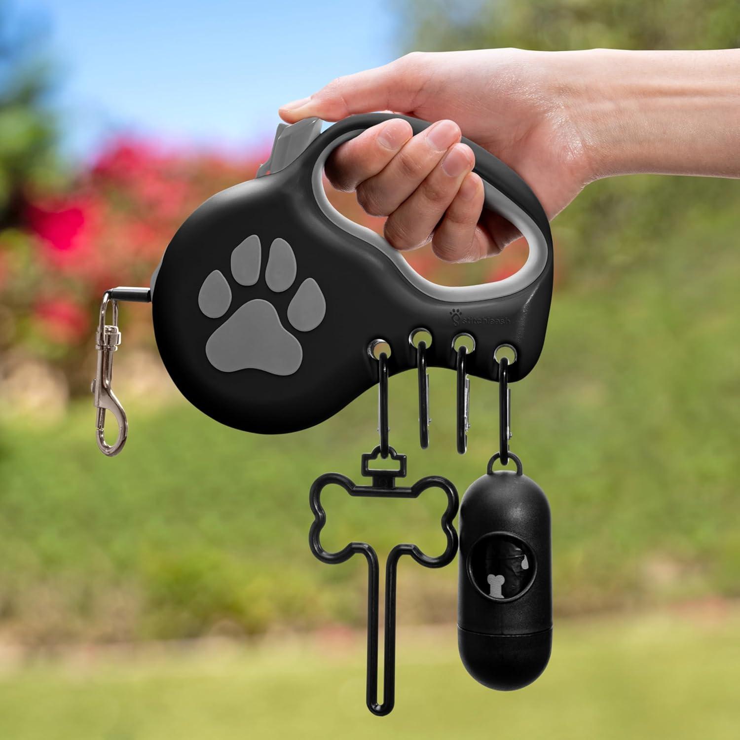 Correa retráctil para perros pequeños y medianos StitchLeash - 4.88m, negro