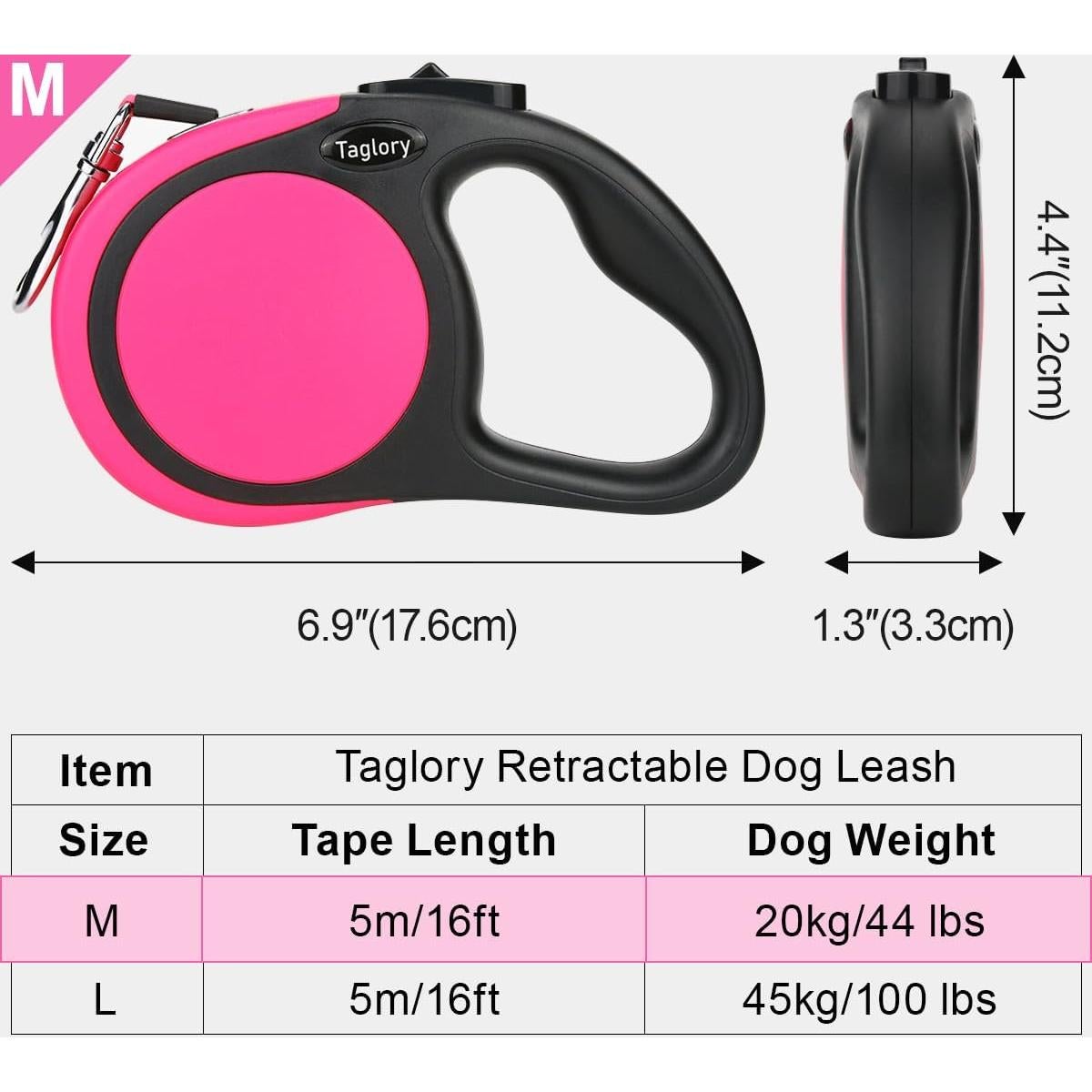 Correa Retráctil para Perros Taglory 4.88m Rosa hasta 20kg