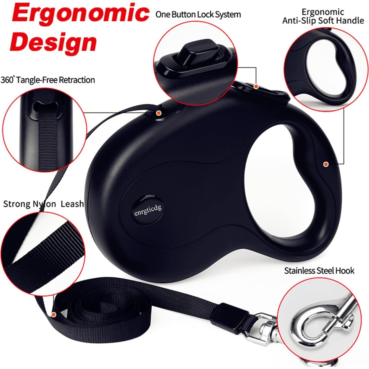 Correa Retráctil para Perros y Gatos Enrgticdg 16 Pies Negra