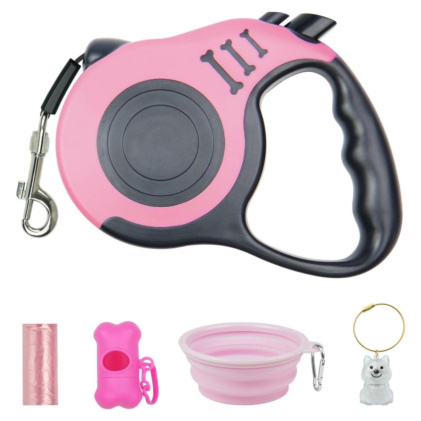 Correa de Perro Retráctil 3m Rosa con Tazón y Dispensador