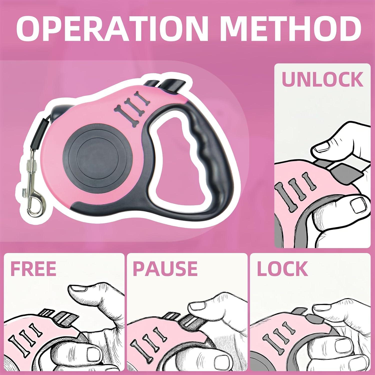 Correa de Perro Retráctil 3m Rosa con Tazón y Dispensador